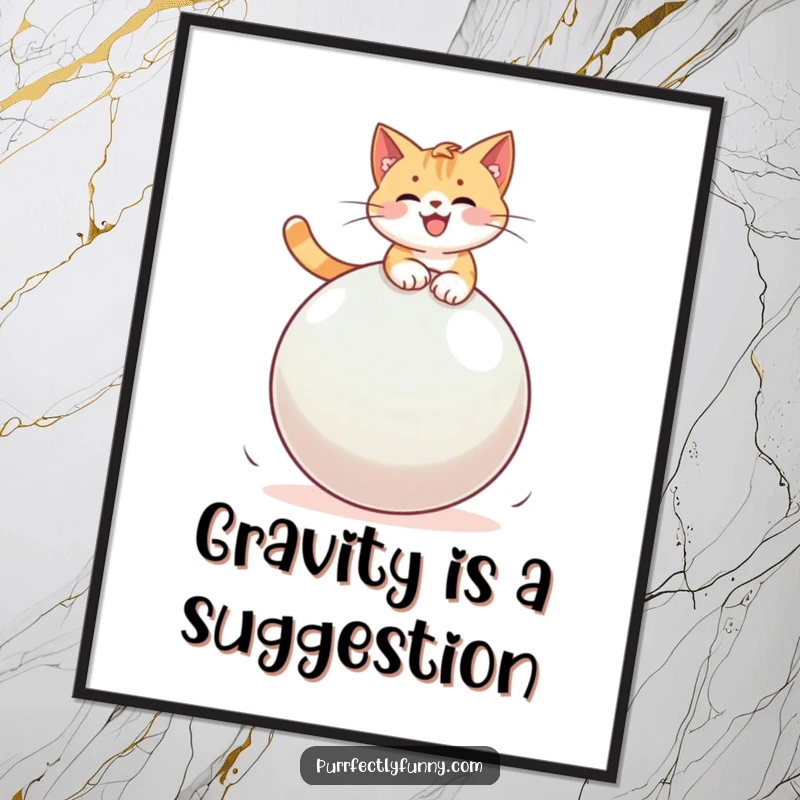 Funny cat joyfully riding a huge, colorful bouncy ball, creating a dynamic and hilarious piece of wall art.
