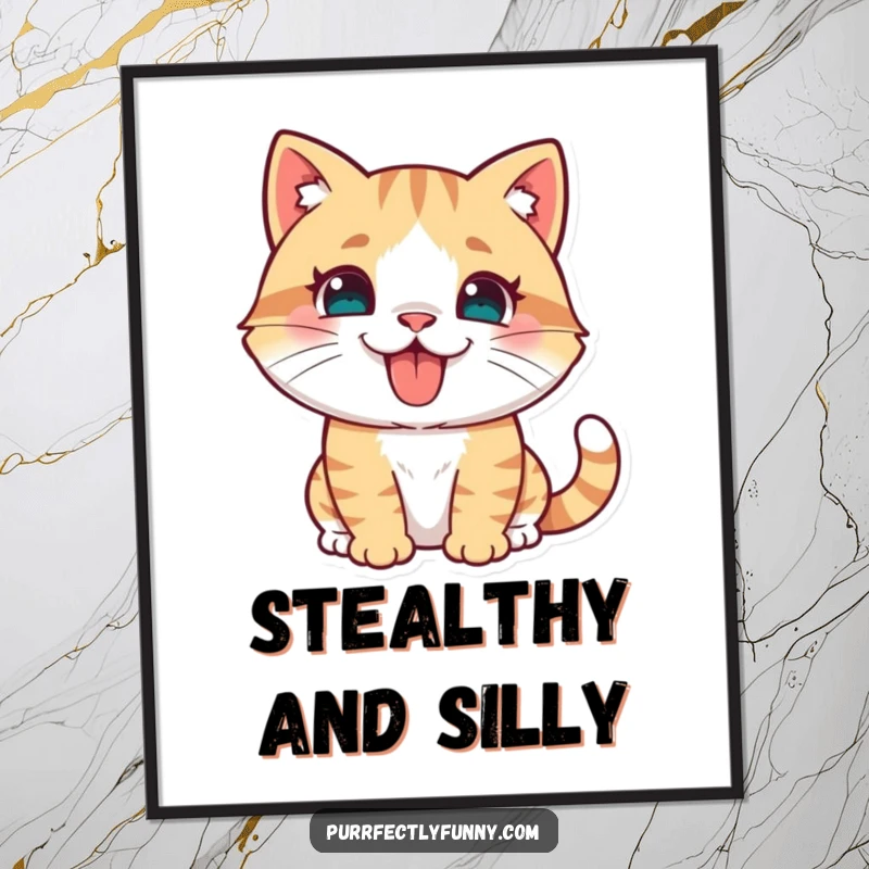 Artistic print of a funny cat mid-pounce, tongue sticking out cheekily, ready to capture attention and smiles.