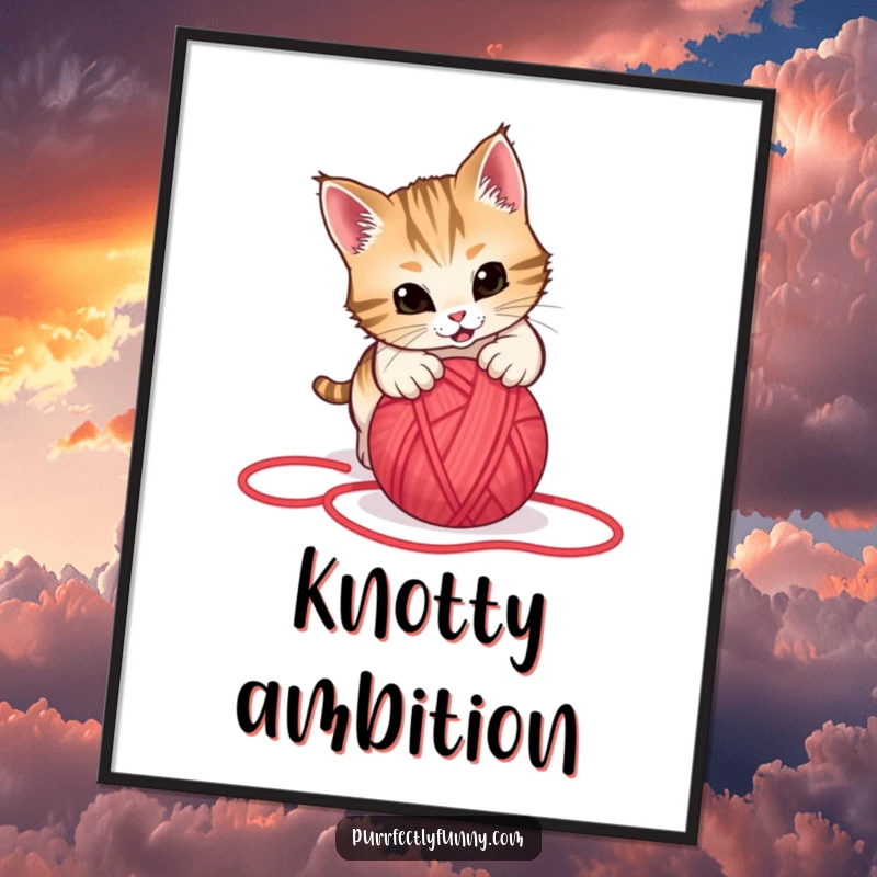 Funny poster art of a cat in mid-pounce, energetically attacking a rolling red yarn ball, capturing a moment of pure feline playfulness.