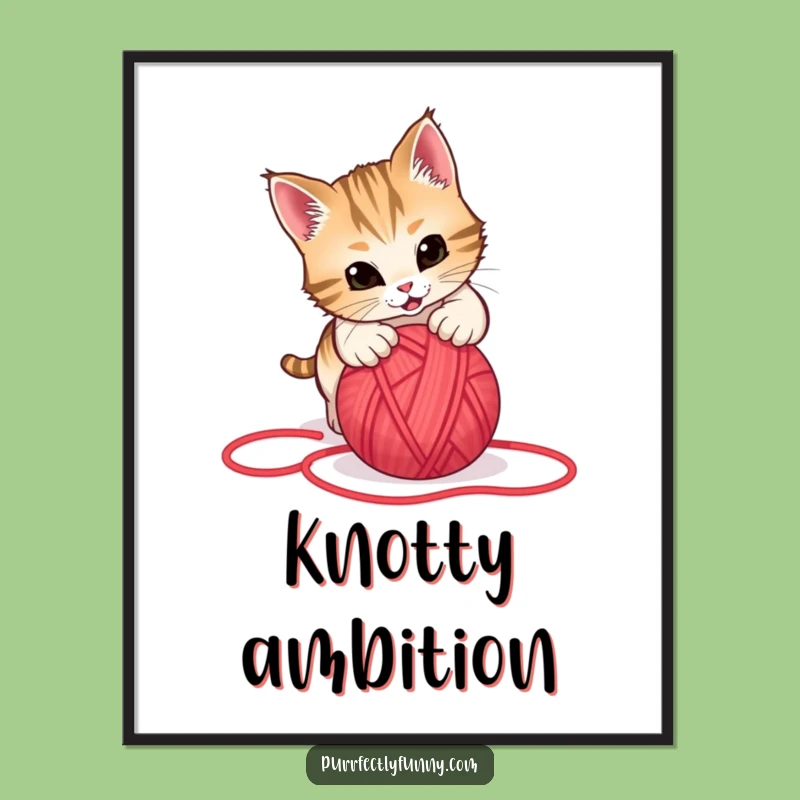 Funny Cat Pouncing Yarn Poster: Hilarious Wall Art for Cat Enthusiasts