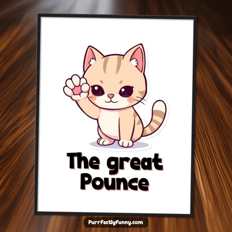 Funny cat poster, a cartoon cat in an exaggerated sneaking pose, one paw lifted high, eyes focused, conveying intense stealth and drama.