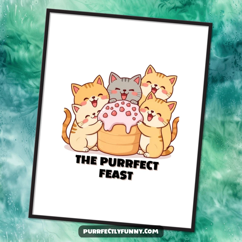 Funny poster showcasing happy, simplified cats sharing an oversized treat, a joyful wall decoration.