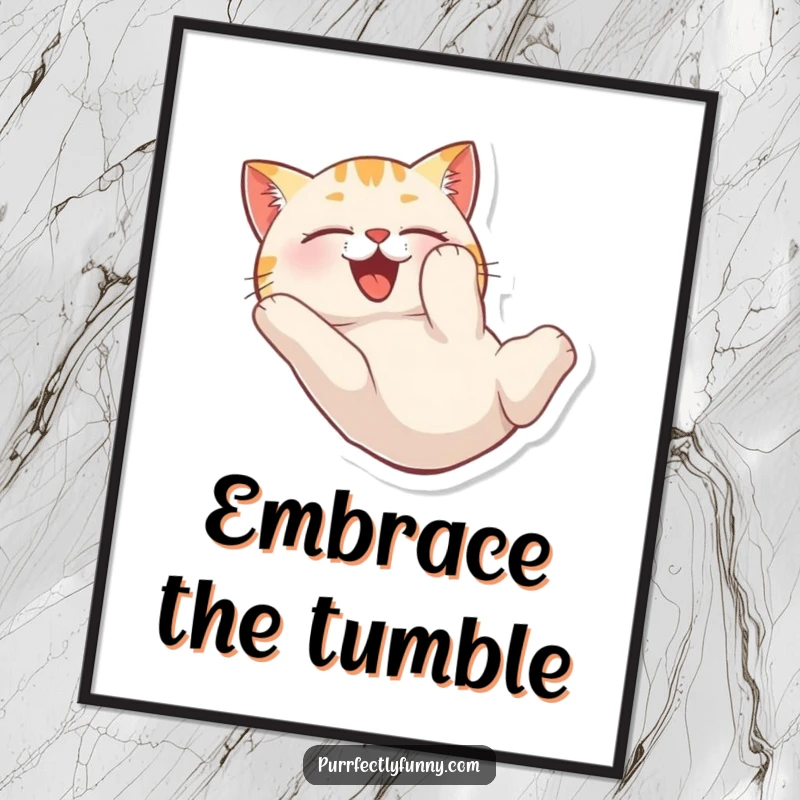 Funny poster of a cat tumbling head over heels with pure delight, adding energetic decor.