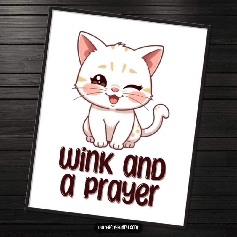 Funny poster of a playful cat giving a knowing wink and a wiggly tail, capturing a moment of feline mischief and charm.