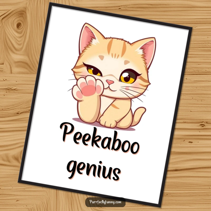 Funny cat with oversized eyes winking from behind its paw on a poster, a humorous and endearing piece of feline art.