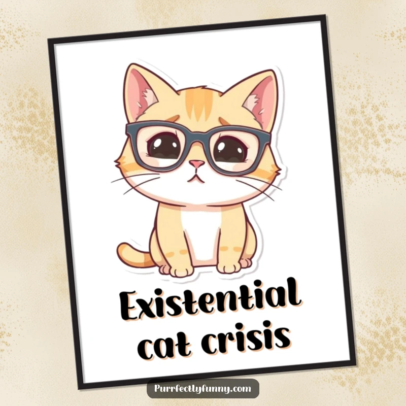 Funny cat wearing oversized glasses, looking comically confused, as a humorous poster print.