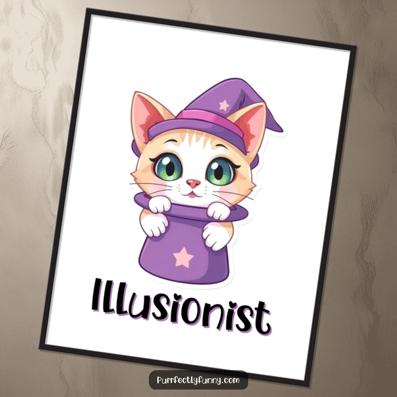 Funny poster art of a cat with large, curious eyes peering into a mystical magic hat, inspiring awe and imagination.