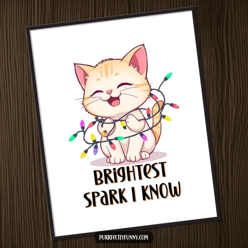 Funny poster featuring a delighted cat happily tangled in a string of colorful holiday lights, creating a humorous and festive wall art.