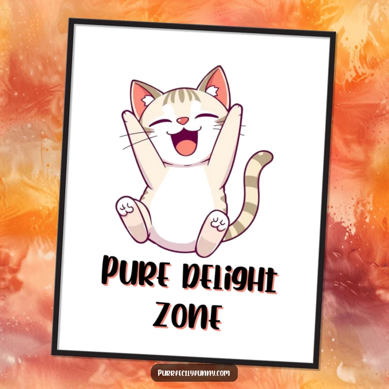 Funny delighted cat poster, illustrating a cat performing a comical somersault with an expression of pure, unadulterated delight.