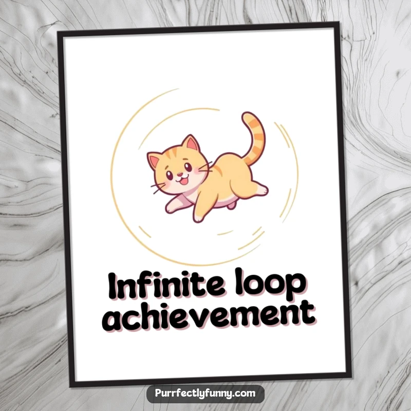 Funny Cat Poster: Humorous wall art depicting a cat caught in a happy, dizzy spiral while chasing its own tail.