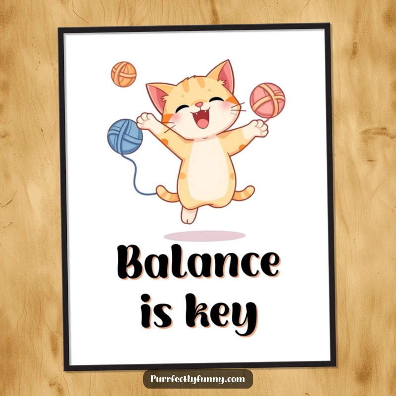 Funny poster depicting a cat energetically juggling yarn balls mid-leap, bringing dynamic humor and playfulness to any room.