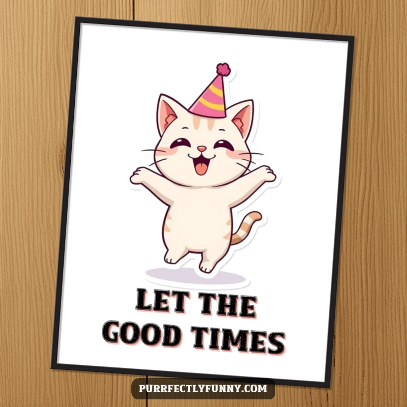 Funny cat wearing a tiny party hat, bouncing with pure excitement, perfect for a vibrant poster.