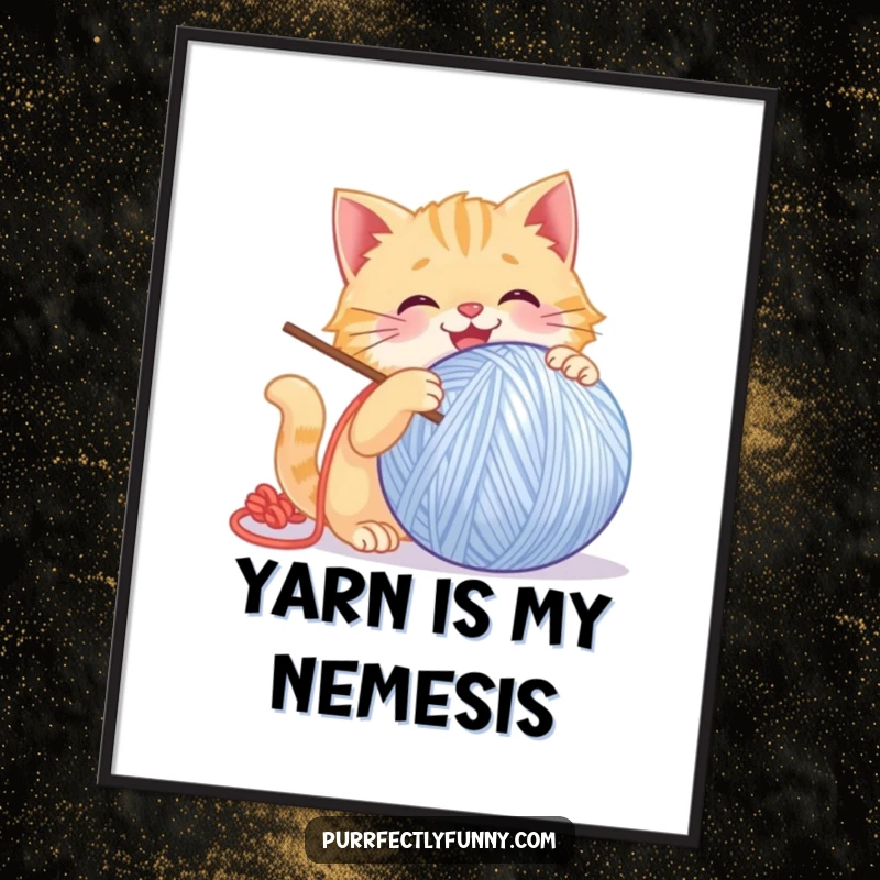 Funny Cat Poster: Humorous wall art depicting a cat in the act of gleefully batting a giant, smiling ball of yarn.