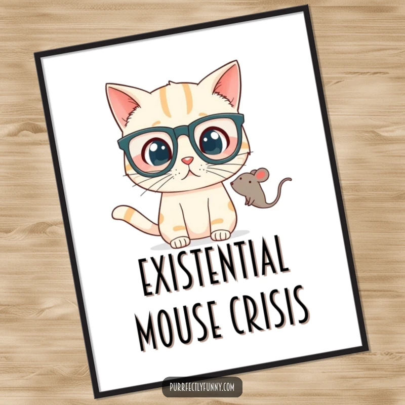 Funny Poster features a cat wearing large glasses, its expression hilariously surprised by a hovering toy mouse, adding humor to decor.