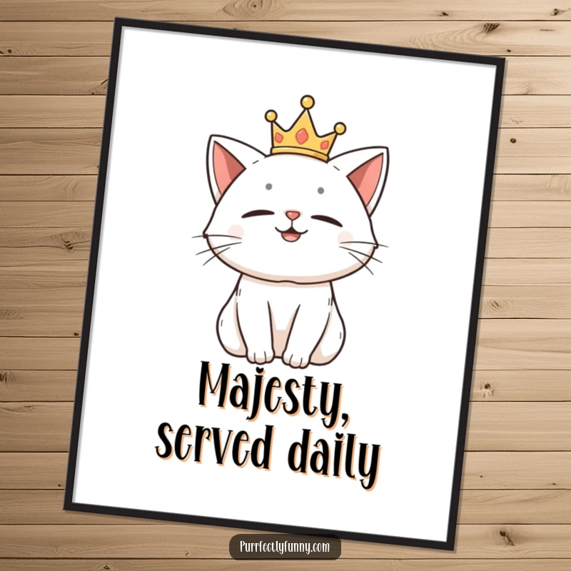 Funny poster featuring a cat character wearing a small crown, looking proud and amused.