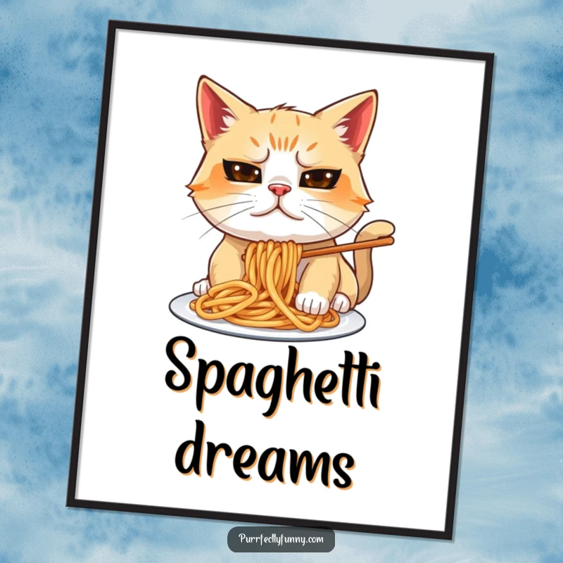 Funny cat poster with a goofy expression while eating spaghetti, pasta flying, perfect for kitchen humor.