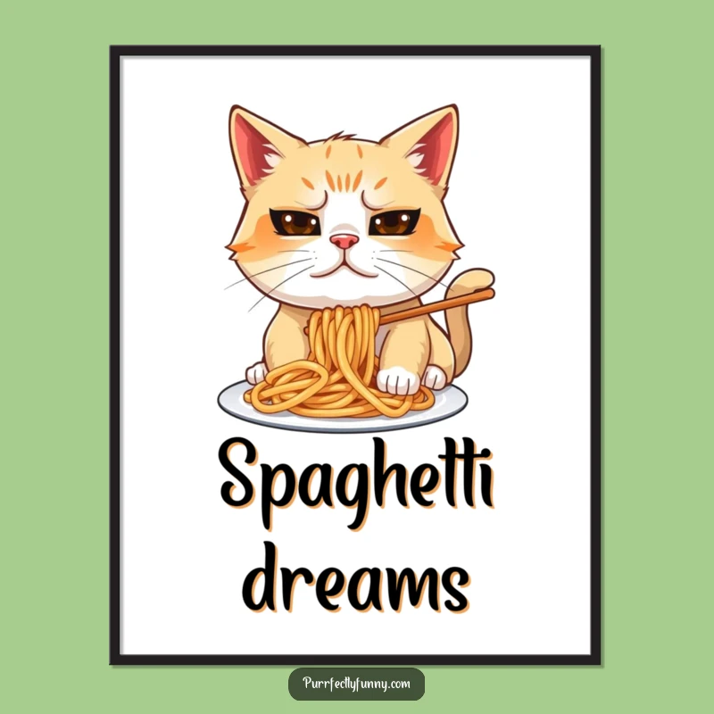 Funny Spaghetti Cat Poster: Hilarious Messy Feline Art for Kitchen Decor