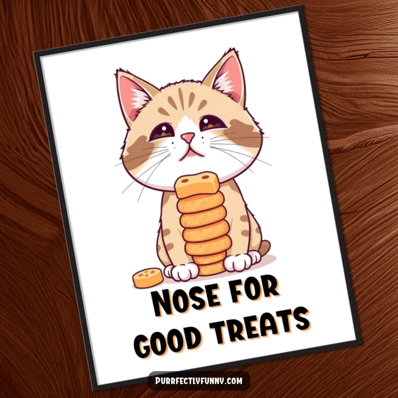 Funny poster illustrating a cat trying to balance a stack of treats on its nose, showcasing concentration and humor.