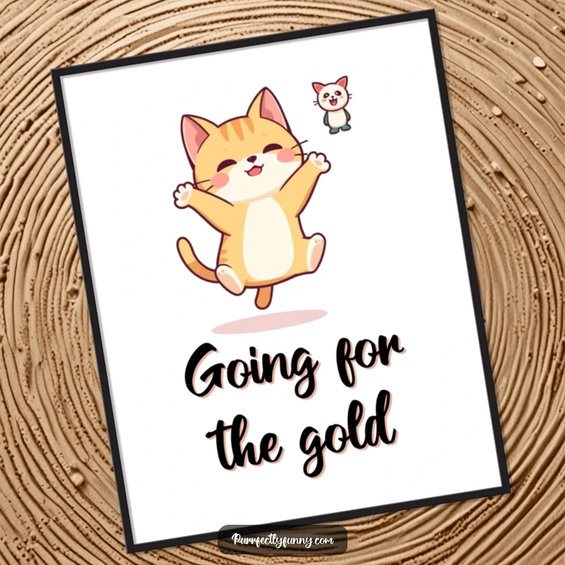 Funny poster illustrating a simplified cat character in mid-air, leaping with paws outstretched towards a tantalizing floating toy.