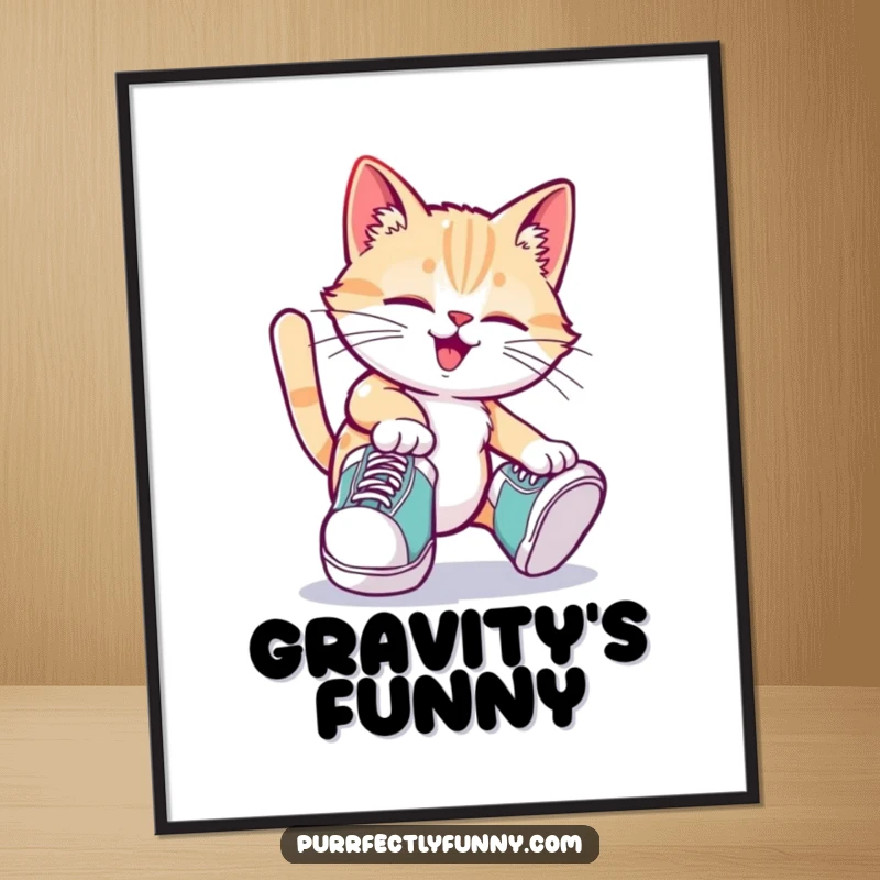 Funny cat poster wearing oversized shoes and tripping playfully, whimsical art for a humorous funny poster.