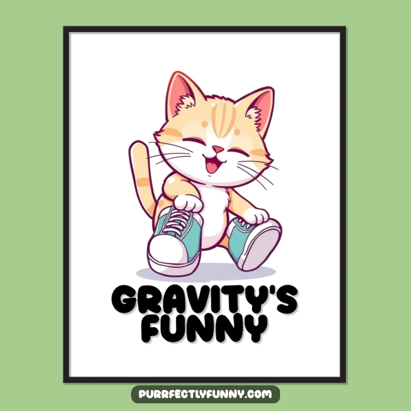 Funny Tripping Cat Poster: Hilarious Oversized Shoe Feline Art for Whimsical Decor