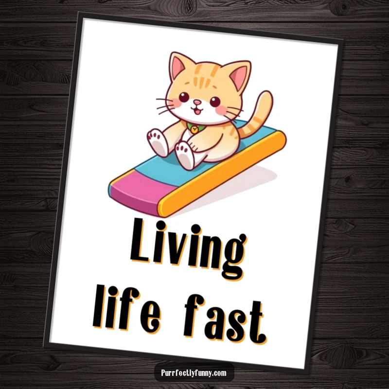 Artistic print of a funny cat enthusiastically sliding down a vibrant, multi-hued ramp, bringing playful energy.
