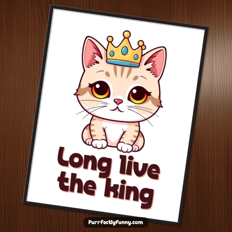 Funny cat poster, proud cat king or queen wearing a crown, humorous royal artwork, perfect funny gift for decor.