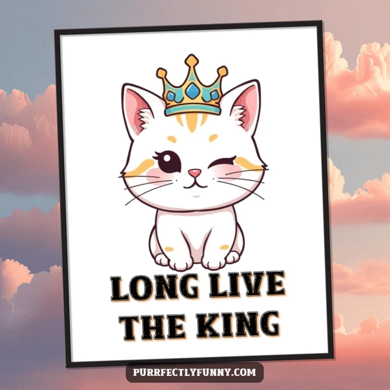 Funny Cat Poster: Humorous wall art featuring a cat adorned with a crown, tipping it with a knowing, playful wink.
