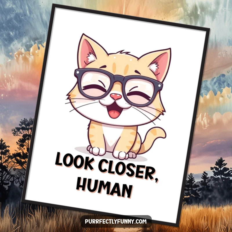 Funny poster of a jovial cat character wearing comically big, goofy glasses and laughing heartily, ideal for adding humor to any room.