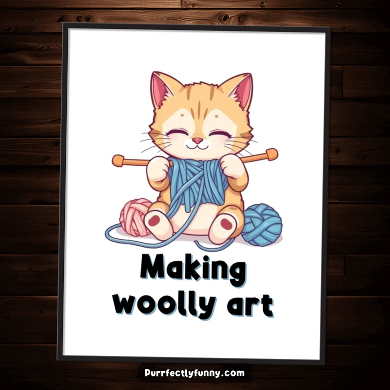 Funny cat attempting to knit with giant yarn and needles, whimsical art print for a humorous funny poster.