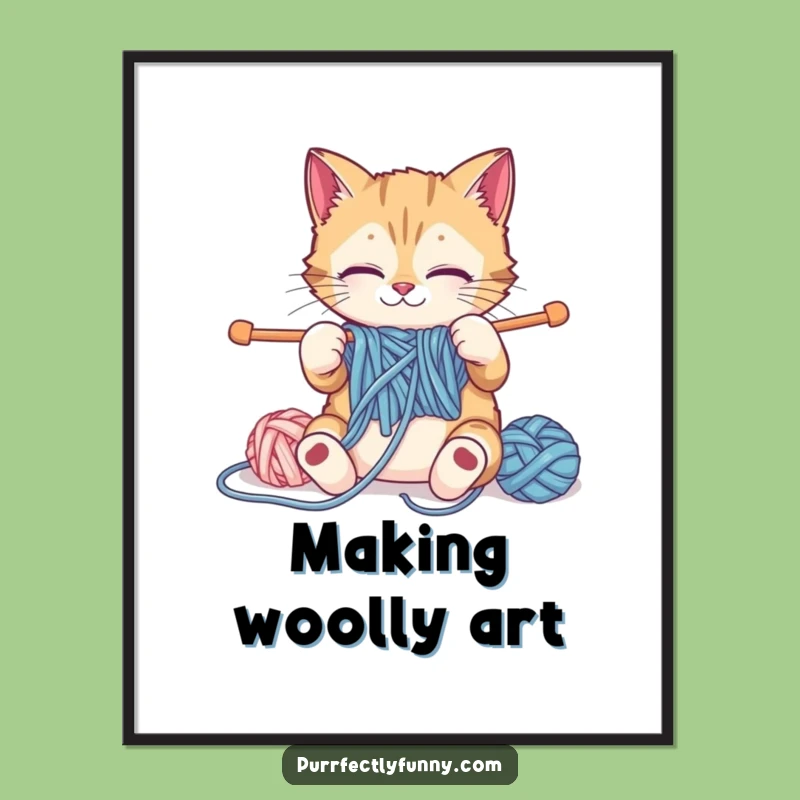 Funny Knitting Cat Poster: Hilarious Feline Crafter Art for Cozy Decor