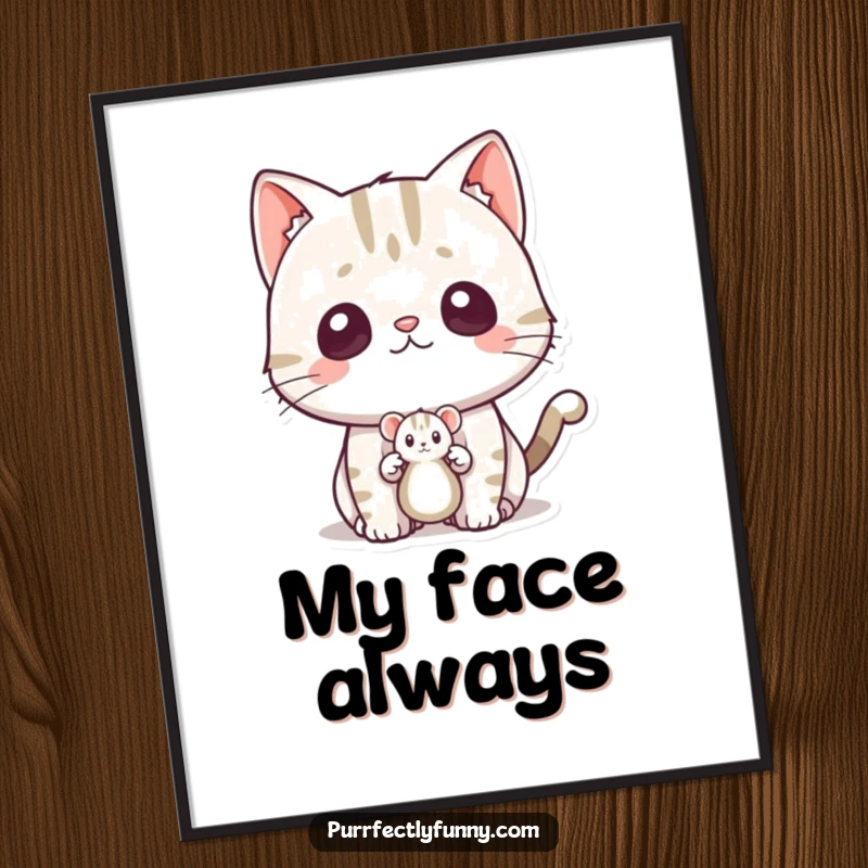 Funny surprised cat poster, illustrating a cat's comical shock when a toy mouse suddenly appears, wall art.