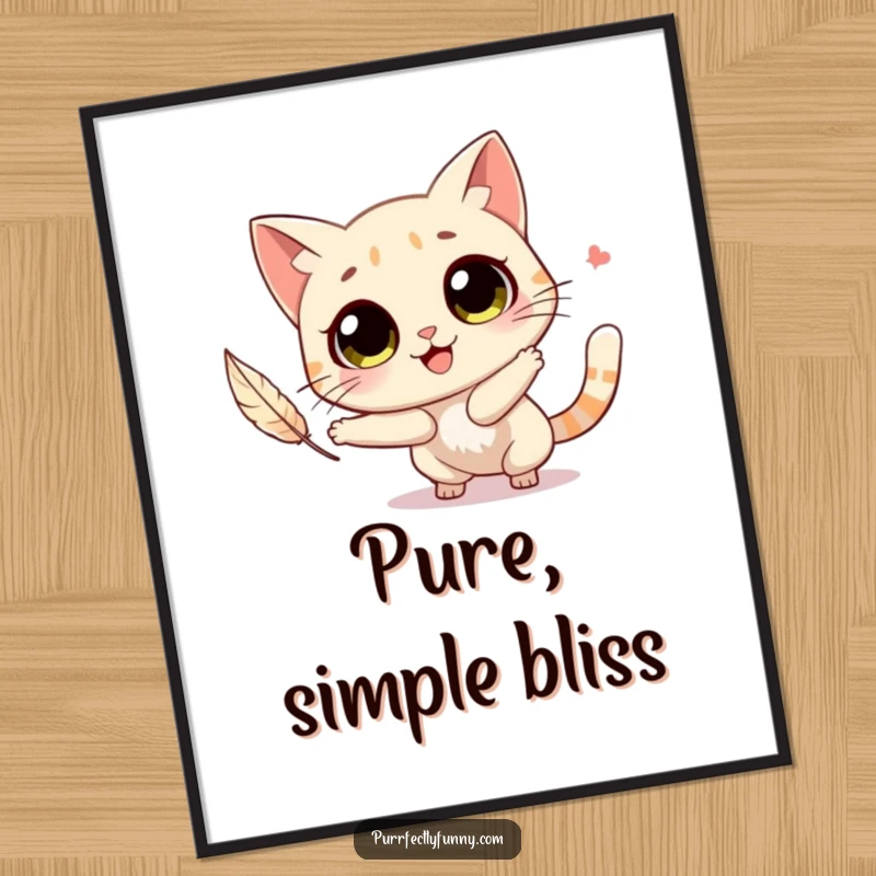 Funny cat with big, round eyes joyfully chasing a floating feather, on a vibrant poster.