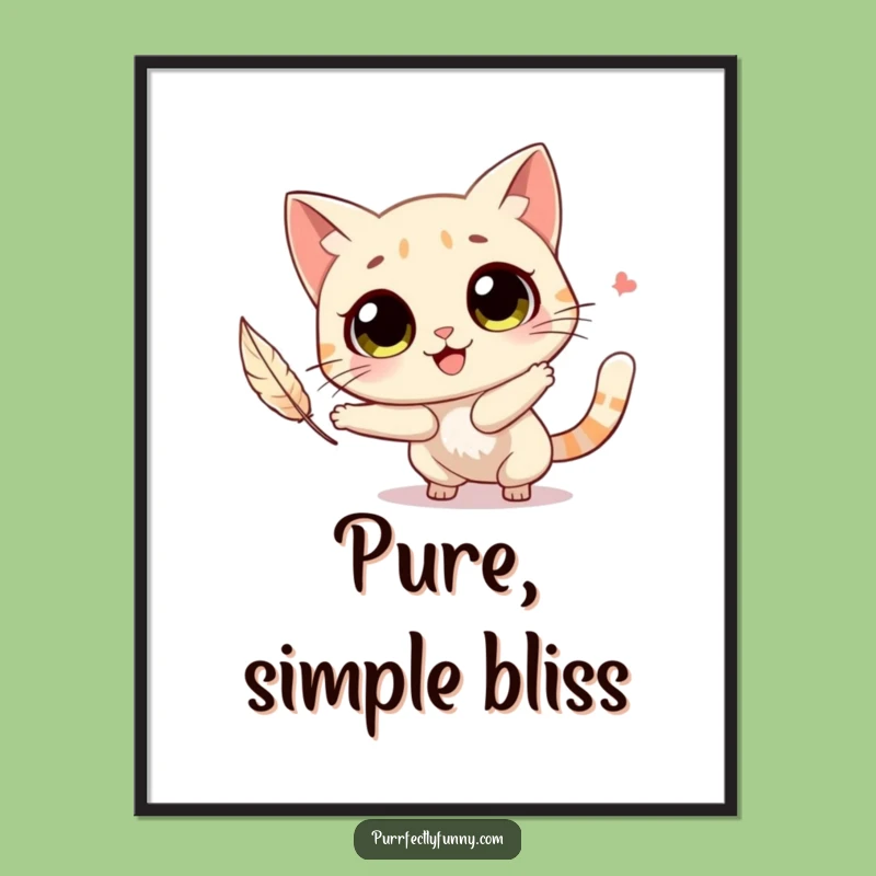 Funny Joyful Cat Feather Chase Poster Whimsical Wall Art Funny Gift