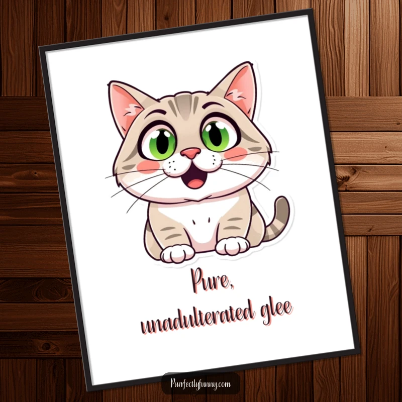 Funny cat poster with wide, shocked eyes and a huge, comical smile, perfect for adding humor to walls.