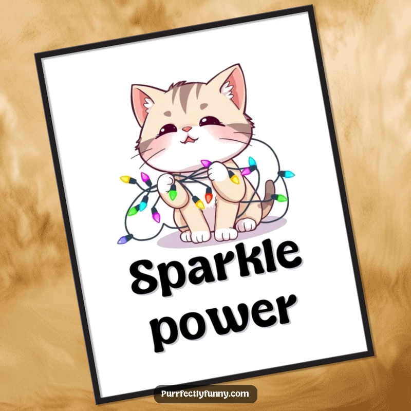 Funny poster art of a cat humorously tangled in a string of colorful festive lights, wearing an amused and happy expression.