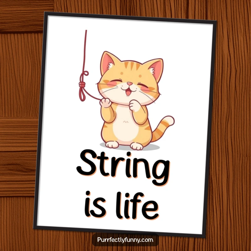 Funny poster of a cat enthusiastically batting at a dangling string, adding playful decor.