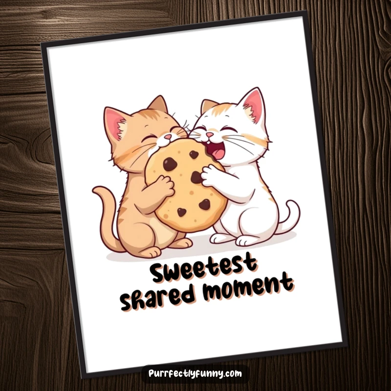 Funny poster art depicting two cats playfully dividing a ridiculously large cookie, a humorous and charming wall display.
