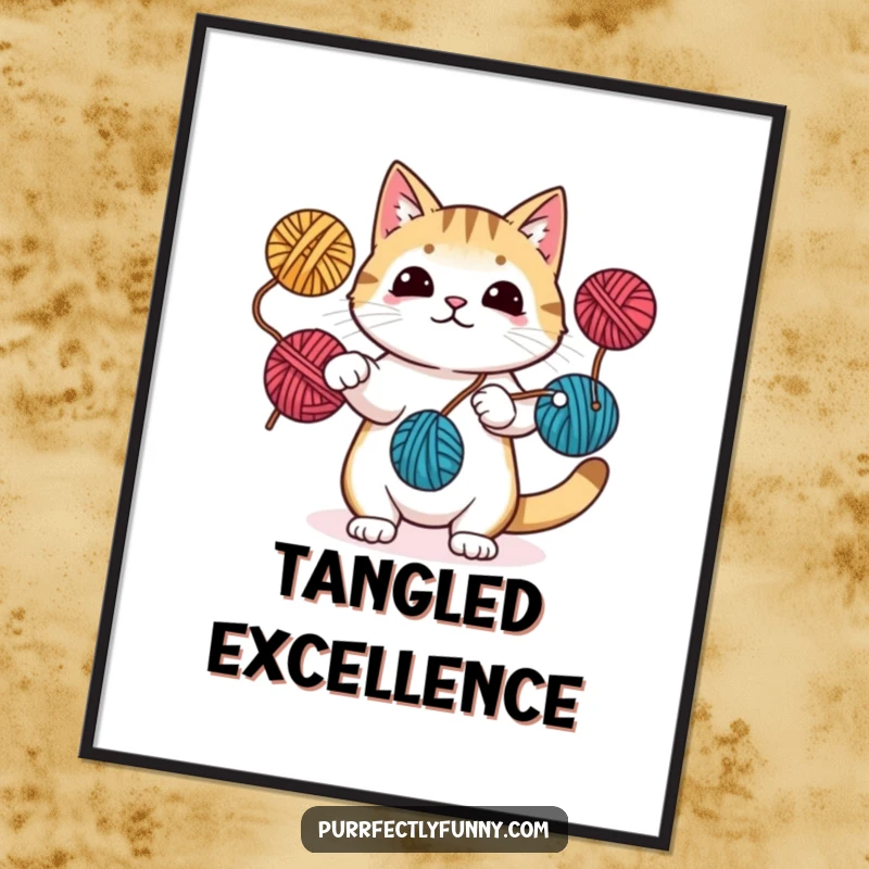 Funny poster of a cat skillfully juggling three yarn balls using its paws and tail, capturing a moment of impressive feline coordination.