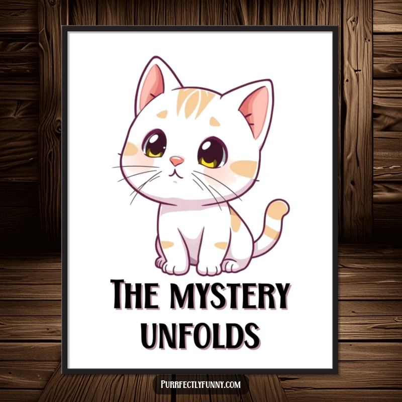 Funny curious cat poster, showing a cat tilting its head and twitching whiskers, looking intently at something unseen.