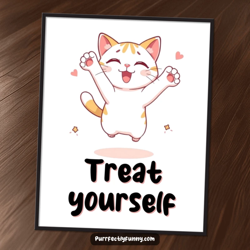 Funny cat poster: a cat character leaping with outstretched paws, enthusiastically chasing an imagined treat, full of motion.