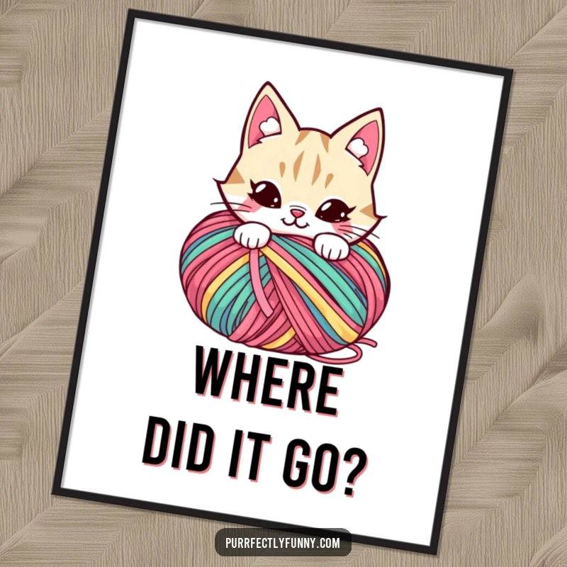 Funny poster featuring a cat character with a mischievous grin, playfully concealed by a large ball of yarn.