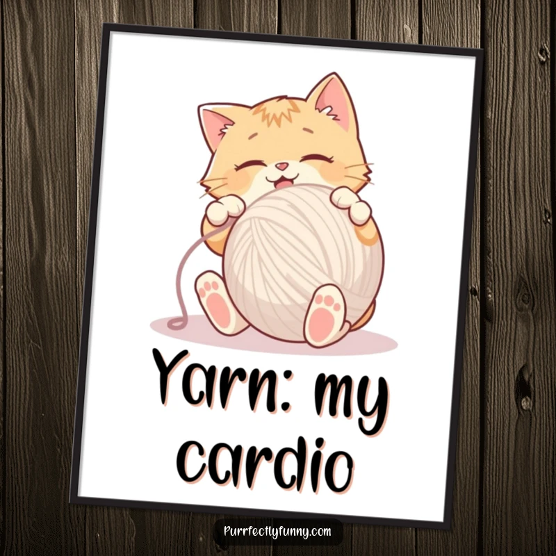 Funny Poster of an exuberant cat wildly batting a large yarn ball, paws flying in enthusiastic play.