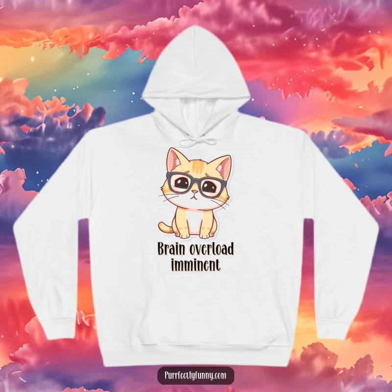 Funny cat wearing large glasses, looking comically confused, depicted on a cozy hoodie.