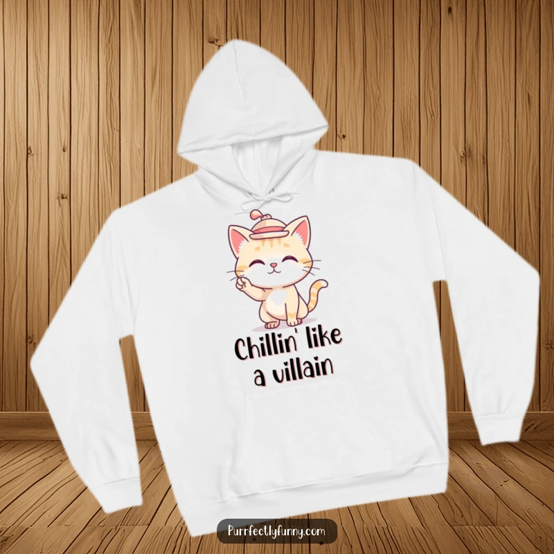 Funny hoodie depicting a cat wearing a tiny hat and striking a fashionable pose.