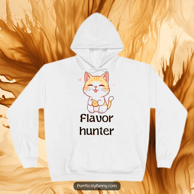 Funny cat hoodie: a cat character playfully smacking its lips, intensely anticipating a delicious snack, with happy eyes.