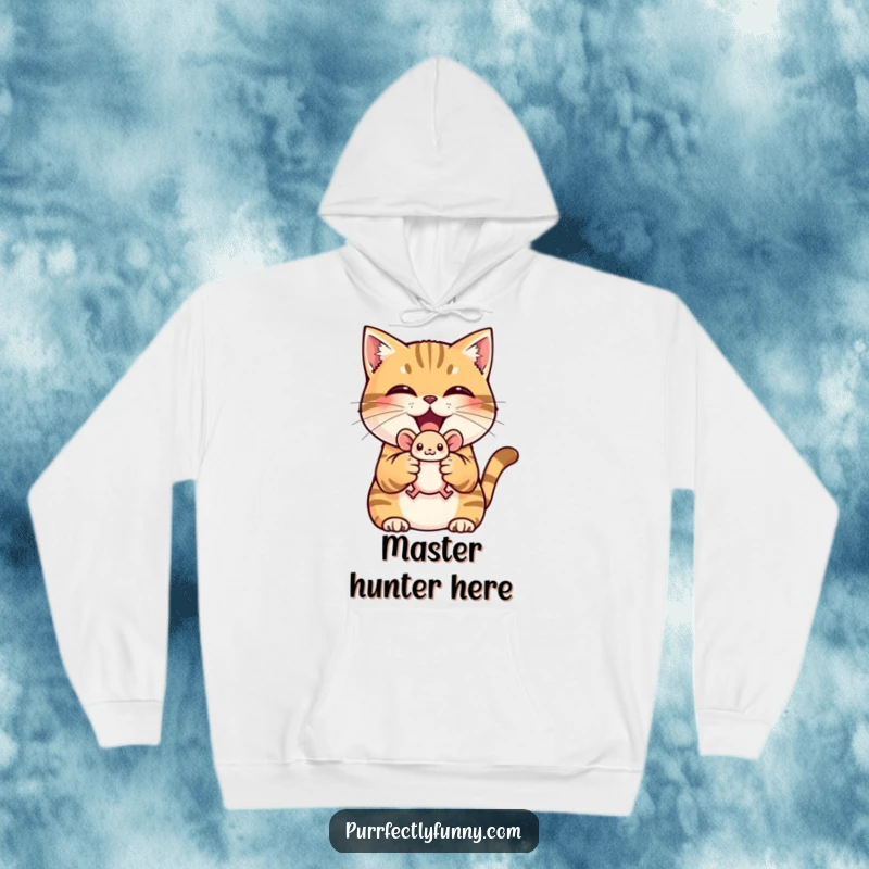 Funny hoodie depicting a proud cat with a triumphant grin holding a tiny toy mouse, cozy and victorious.