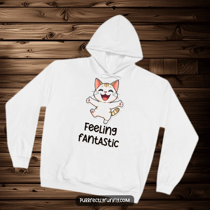Funny cat leaping with a wide grin, embodying pure joy and excitement on this warm and cozy hoodie.