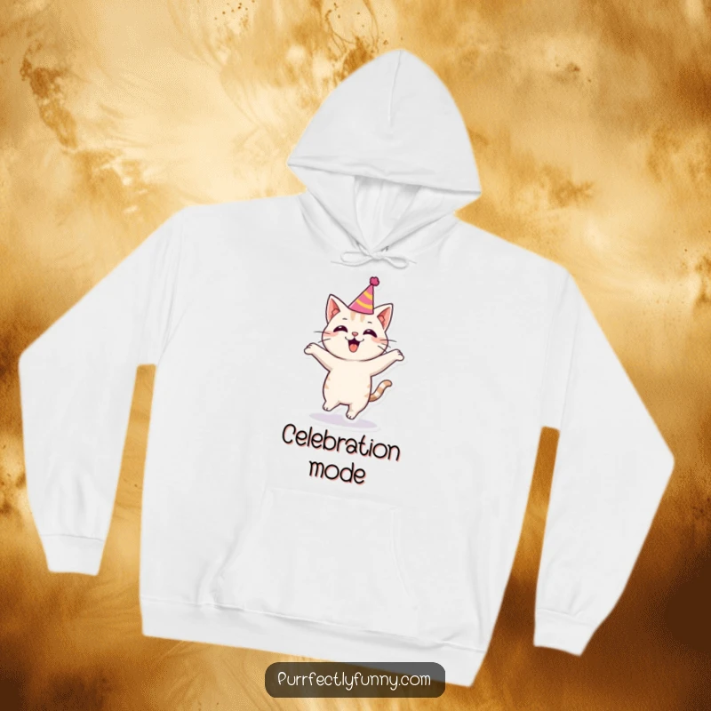Funny cat wearing a party hat, bouncing with excitement, bringing festive cheer to this cozy hoodie.