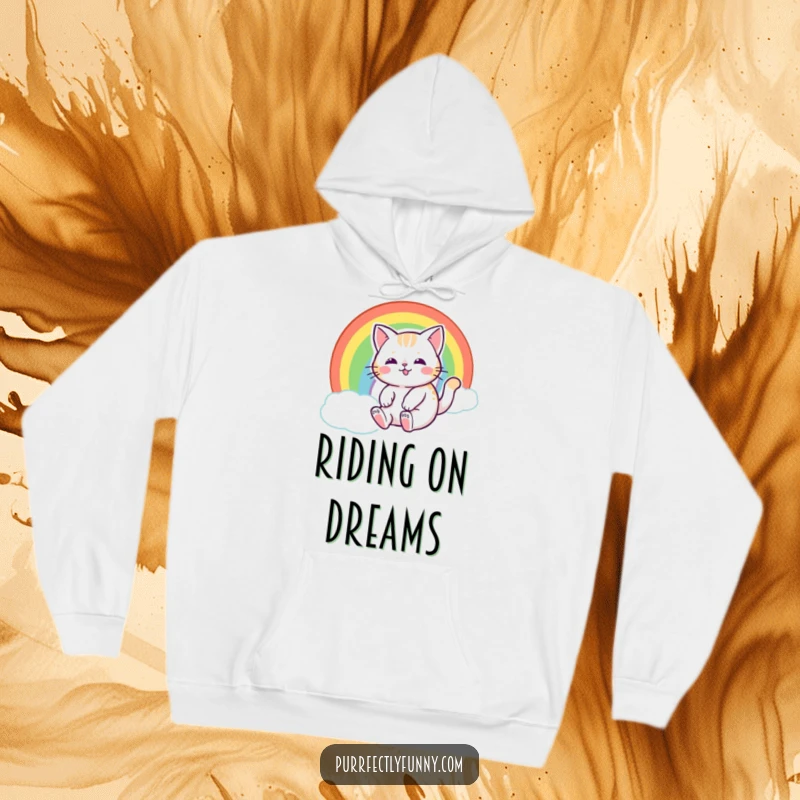 Funny cat with a happy expression, sliding down a rainbow, bringing magic and warmth to this cozy hoodie.